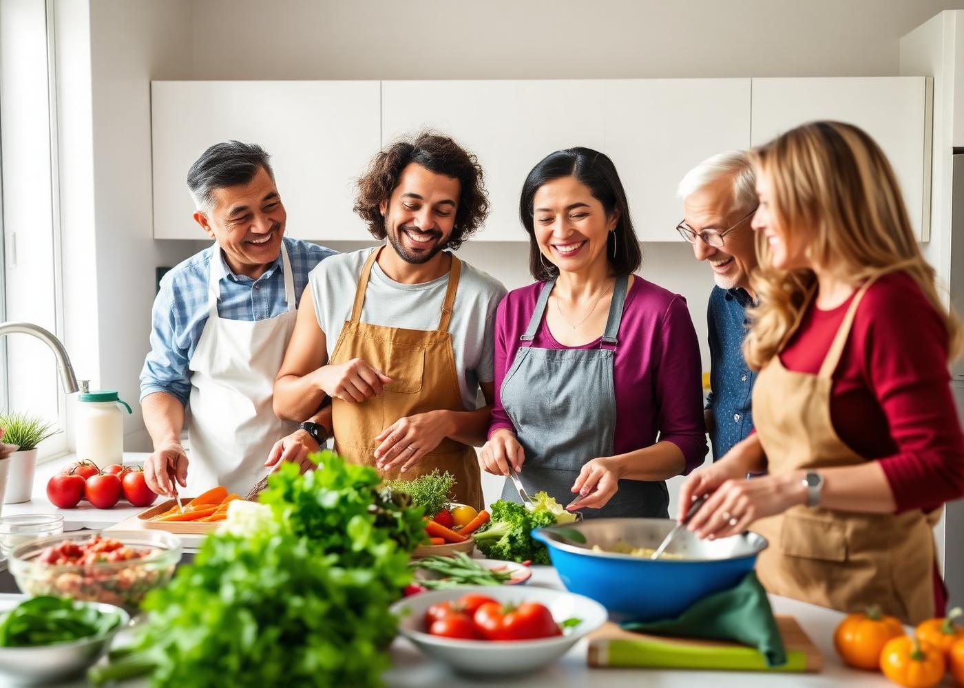 Diverse friends and family preparing a healthy meal together