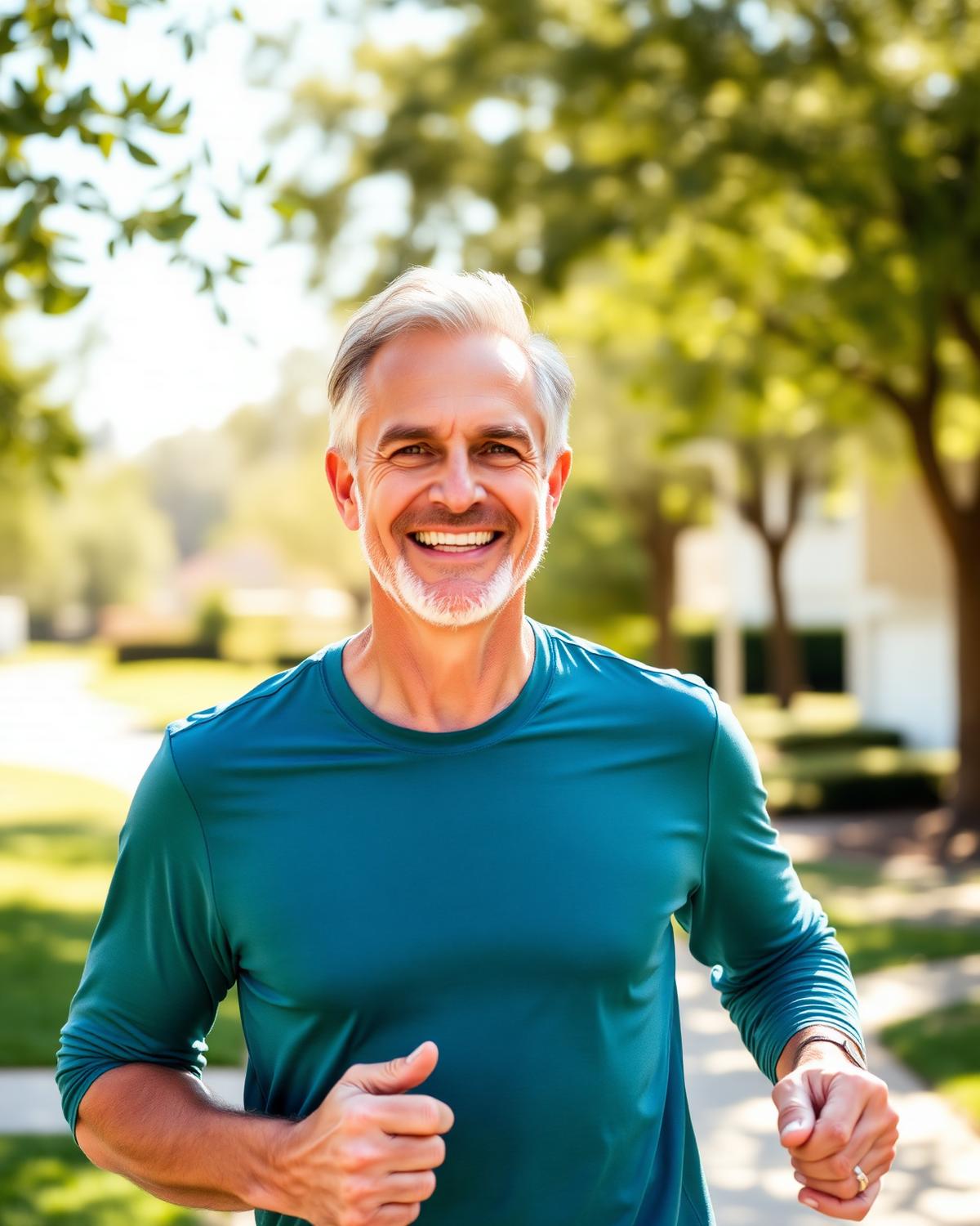 A confident man jogging in his neighborhood on a sunny morning